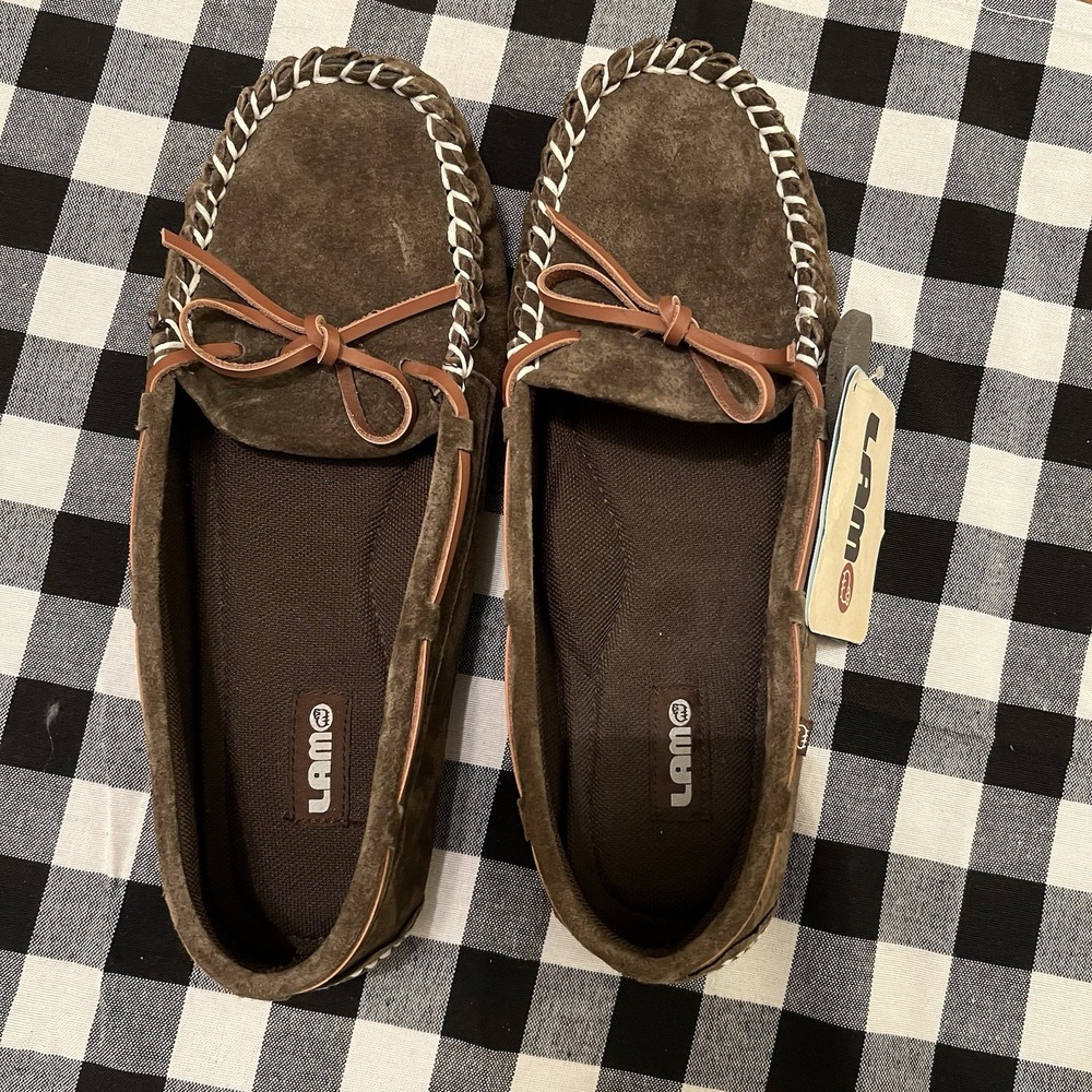Lam Moccasins Womens Size 10 Brown Suede Leather House Shoes Slippers Comfort - Picture 2 of 6